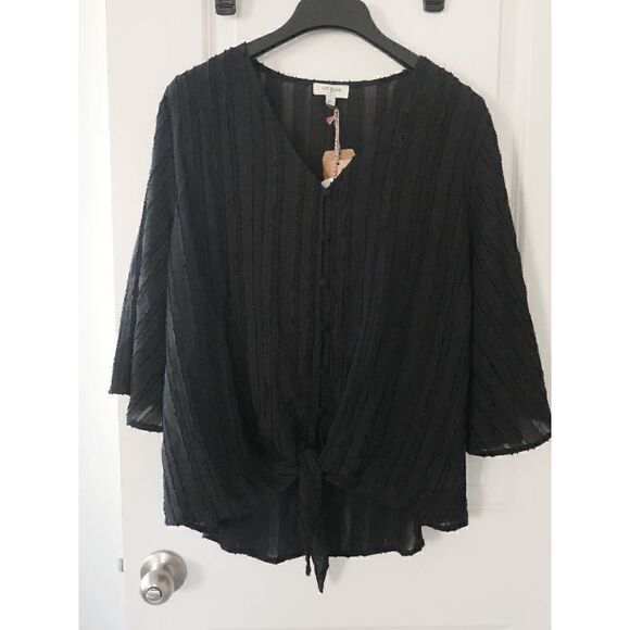 UMGEE U.S.A Black Jacquard Stripe Knot-Hem V-Neck Button-Up Top L - Picture 2 of 8